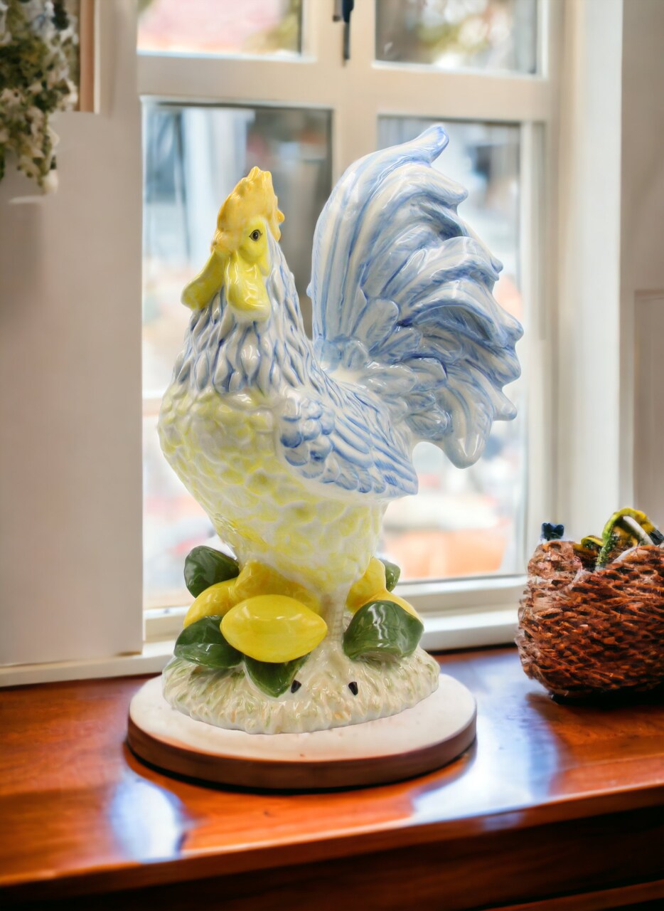 Ceramic Lemon Blue and Yellow Rooster Statue, Home Décor, Gift for Her, Gift for Mom, Kitchen Décor, Farmhouse Décor, Fall Decor